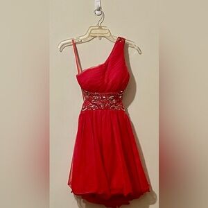 Elegant One-Shoulder Pink Dress with Beaded Waist